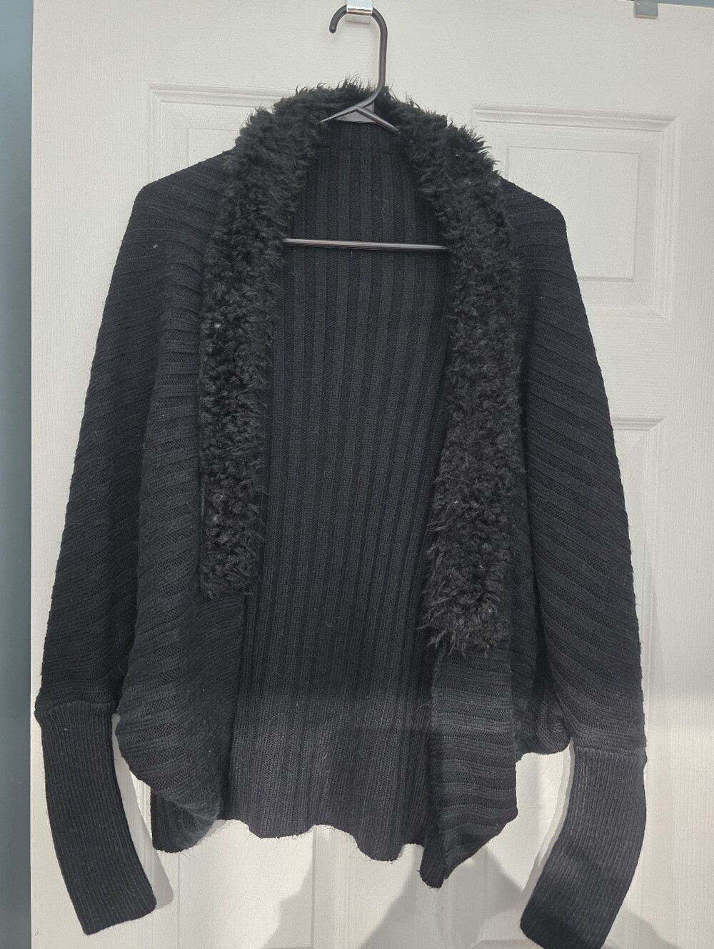 ​Shein | Black Rib-Knit Faux Fur Batwing Cardigan - Small